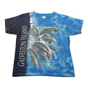 Vintage Galveston Island Tie Dye Dolphin Gilden Graphic T-Shirt Size Youth XS